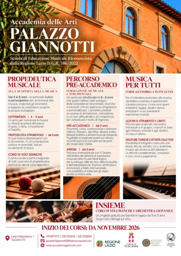 Tuscania, nasce l’Accademia delle Arti Palazzo Giannotti: musica gratuita per bambini e ragazzi